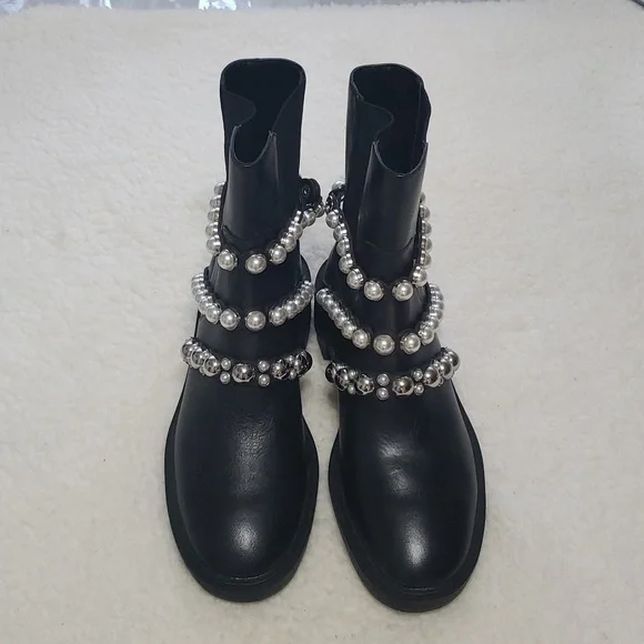 NWT Zara Black Leather Faux Pearl Accents Ankle Boots Size 38 - Picture 13 of 13